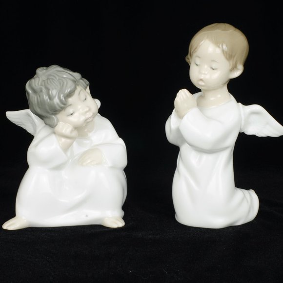 Two Vintage Lladro Angel Figurines, Angel Praying & Angel Thinking